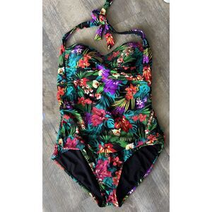 Catalina Women's XL 16-18 Twist Front Ruched Tropical Floral One Piece Swimsuit